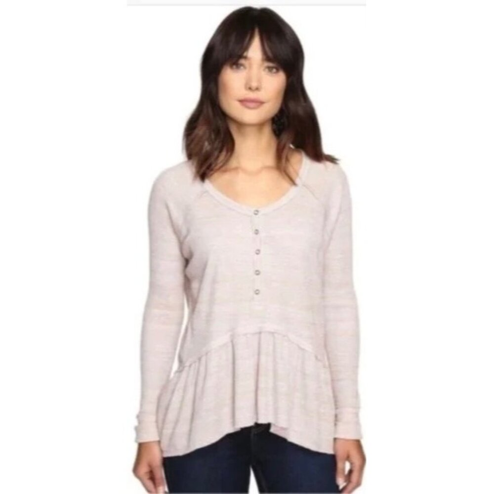 Free People Casual Boho Waffle-Knit Long Sleeve Lavender Ruffled Hem Flowy Top - Picture 13 of 16
